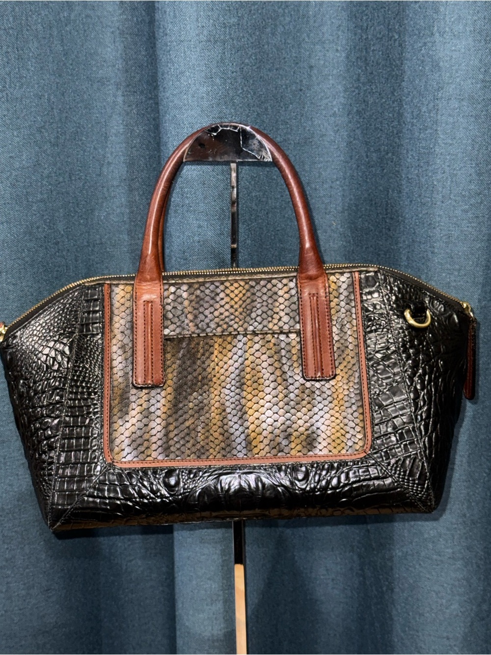 Brahmin Medium Asher Snake and Croc-embossed bleach and brown